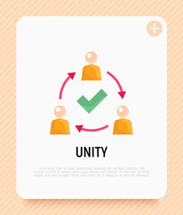 Unity flat icon. Successful communication employees. Teamwork, collaboration. Circle of people with check mark. Modern vector illustration.