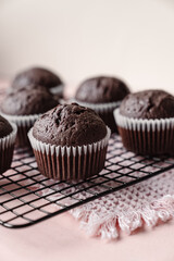chocolate cake with chocolate muffin cupcake with butter cream and syrup and whipped cream