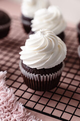 chocolate cake with chocolate muffin cupcake with butter cream and syrup and whipped cream