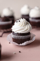 chocolate cake with chocolate muffin cupcake with butter cream and syrup and whipped cream