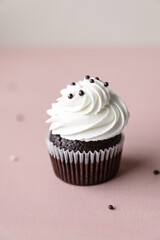 chocolate cake with chocolate muffin cupcake with butter cream and syrup and whipped cream