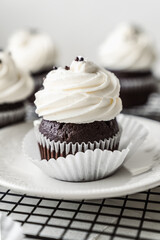 chocolate cake with chocolate muffin cupcake with butter cream and syrup and whipped cream