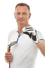 Sports ball, golf and man in studio isolated on a white background ready to start game. Training, golfer and mature male athlete holding club driver for golfing workout, exercise and fitness match.