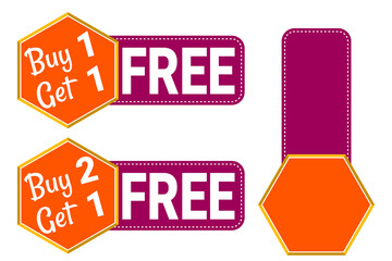 Buy 1 Get 1 Free and Buy 2 Get 1 Free Discount Tag with one blank template. Vector Illustration for promotional purpose. EPS 10 File.