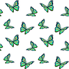 Colorful butterflies on a white background, seamless vector pattern, summer prints for clothes, wallpapers, packaging.