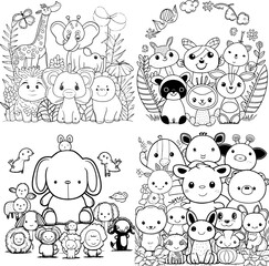 black and white coloring page for kids, line art, simple cartoon style, happy cute and funny animal , illustration for coloring book , PNG, Transparency