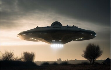 Fototapeta na wymiar Extraterrestrial aliens spaceship flying over the steppe, a flying saucer shaped ship, a ufo with bright white bioluminescent light in dark stormy sky, muted sunlight, generative ai