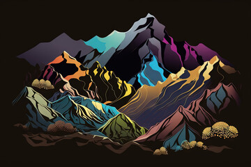 Paysage de montagne Popart avec beaucoup de couleurs. Idéal comme fond d'écran, carte postale.