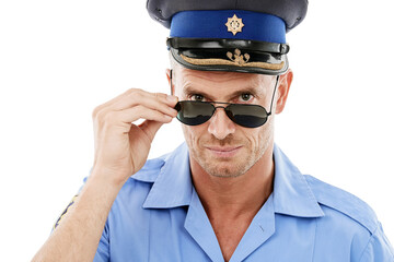 Security, crime and portrait of police with sunglasses on white background for authority, public...