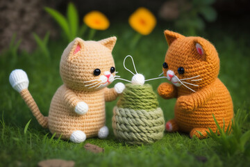 knitting art illustration with cute cat object suitable for children's themed book illustration elements, children's theme display photos created using artificial intelligence