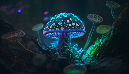 Fototapeta na wymiar Bioluminescent fungi on the forest floor created with Generative AI