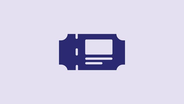 Blue Museum ticket icon isolated on purple background. History museum ticket coupon event admit exhibition excursion. 4K Video motion graphic animation
