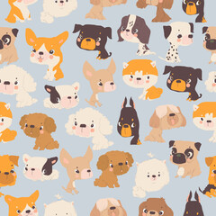 Seamless Pattern with Funny Puppies on Blue Background