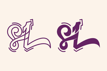 Initial letter SL Signature Minimalist logotype. outline and bold shape style logo design template. purple color subject isolated on soft pink background. curve rounded.