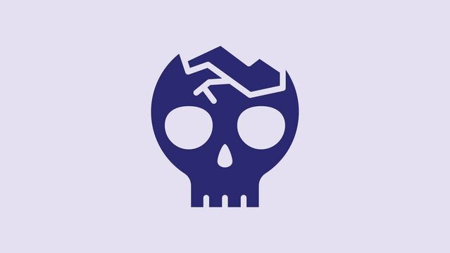 Blue Broken human skull icon isolated on purple background. 4K Video motion graphic animation