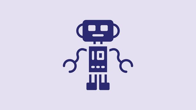 Blue Robot toy icon isolated on purple background. 4K Video motion graphic animation