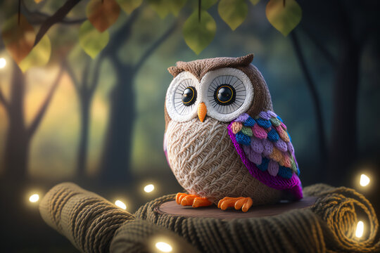 owl knitting art illustration cute suitable for children's books, photos of children's animals created using artificial intelligence