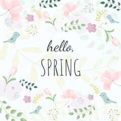 Hello spring banner vector illustration. Seasonal wish with leaves, birds and flowers for springtime holiday celebration greeting card design