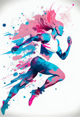 Fototapeta na wymiar Colourful paint running woman duotone