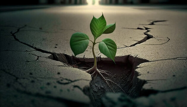 A Plant Growing Through Cracks In The Pavement, Is A Symbol Of Growth, Survival, And Adaptability, Created With Generative AI Technology.