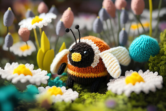 bee knitting art illustration cute suitable for children's books, children's animal photos created using artificial intelligence