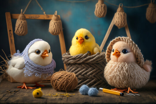 chicken and chick knitting art illustration cute suitable for children's books, children's animal photos created using artificial intelligence