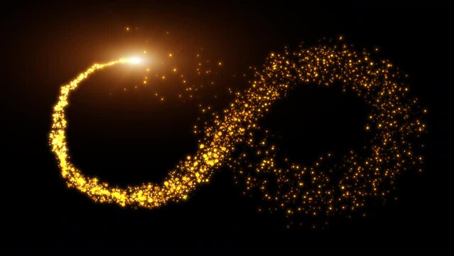 Seamless loop infinity symbol gold particle on black background.