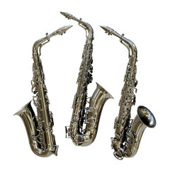 3d rendering of saxophone wind instrument shiny silver color perspective view