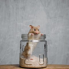 Syrian hamster standing in a jar