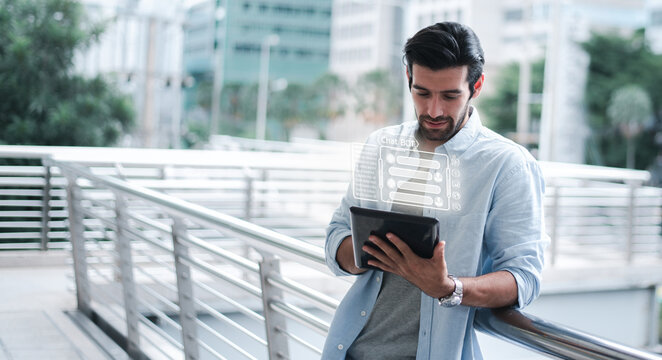 Chat bot Chat with AI,Artificial Intelligence. young adult tourist using mobile smartphone technology chatting and find with a digital chatbot on virtual screen,Futuristic technology transformation.