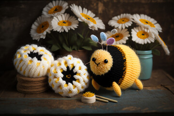 Obraz na płótnie Canvas bee knitting art illustration cute suitable for children's books, children's animal photos created using artificial intelligence
