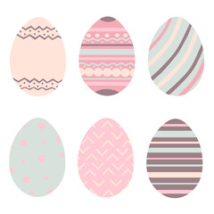 Set of colorful pastel decorated Easter eggs isolated on white. Vector illustration.