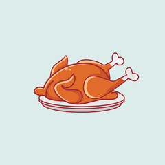 Grilled chicken on plate designed in flat cartoon style isolated on blue background. Vector illustration of grilled chicken graphic. Grilled chicken icon, fried chicken. Food or culinary concept icon