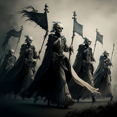 Walking Undead Majestic Skeletal Procession An elegant parade of skeletal figures marching through a dark, misty landscape | Digital art | AI generated