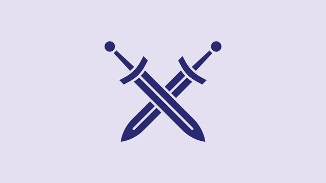 Blue Crossed medieval sword icon isolated on purple background. Medieval weapon. 4K Video motion graphic animation