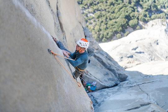 Rock climber crack climbing on the Nose, El Capitan in Yosemite