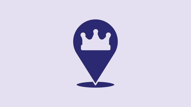 Blue Location king crown icon isolated on purple background. 4K Video motion graphic animation
