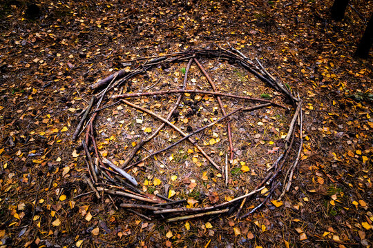 Pentagram or a symbol of Satan and Baphomet made of twigs was seen as a symbol in autumn.