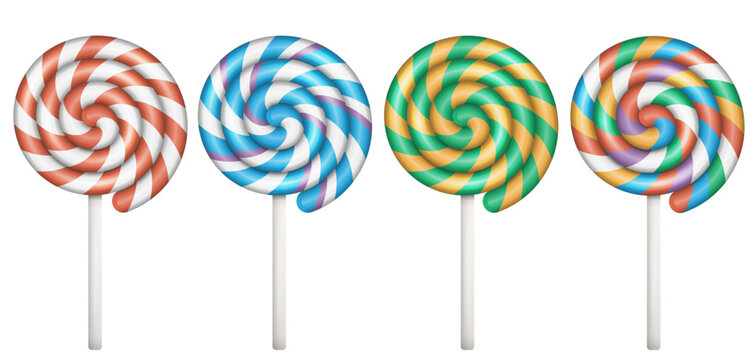 Lollipop with spiral. Twisted sucker candy on stick. Set of round candies with striped swirls. Vector illustration.