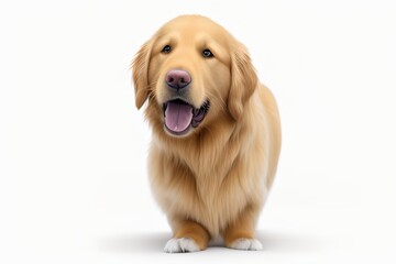 Golden Retriever dog is seen seated on the ground, isolated against a white background