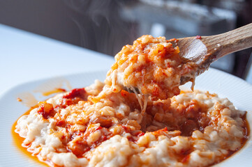 rice with chicken. Perfect wishbone with chicken. turkish culture. a plate of mutton or chicken and wheat, like risotto. keşkek