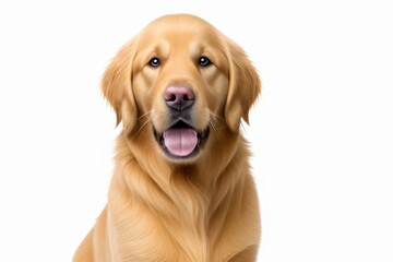 Golden Retriever dog is seen seated on the ground, isolated against a white background