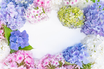 Arrangement of multicolored phlox flowers in the form of a frame with copy space for wedding or greeting cards