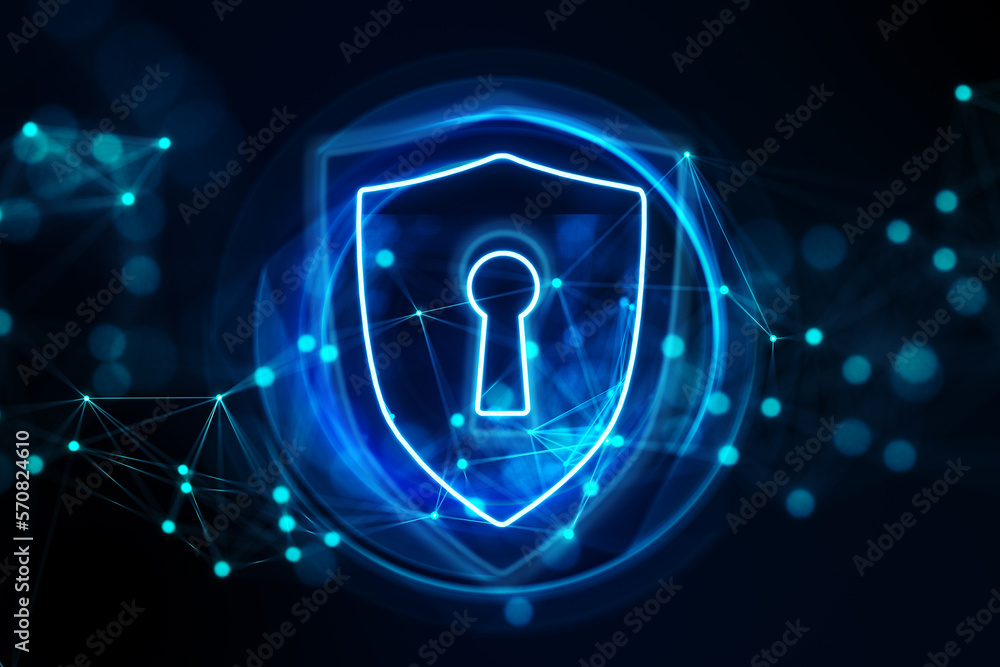 Aufkleber Safety protection, cyber data security and information privacy concept with keyhole in virtual shield symbol surrounded by glowing circles on dark background with blurred dots. 3D rendering