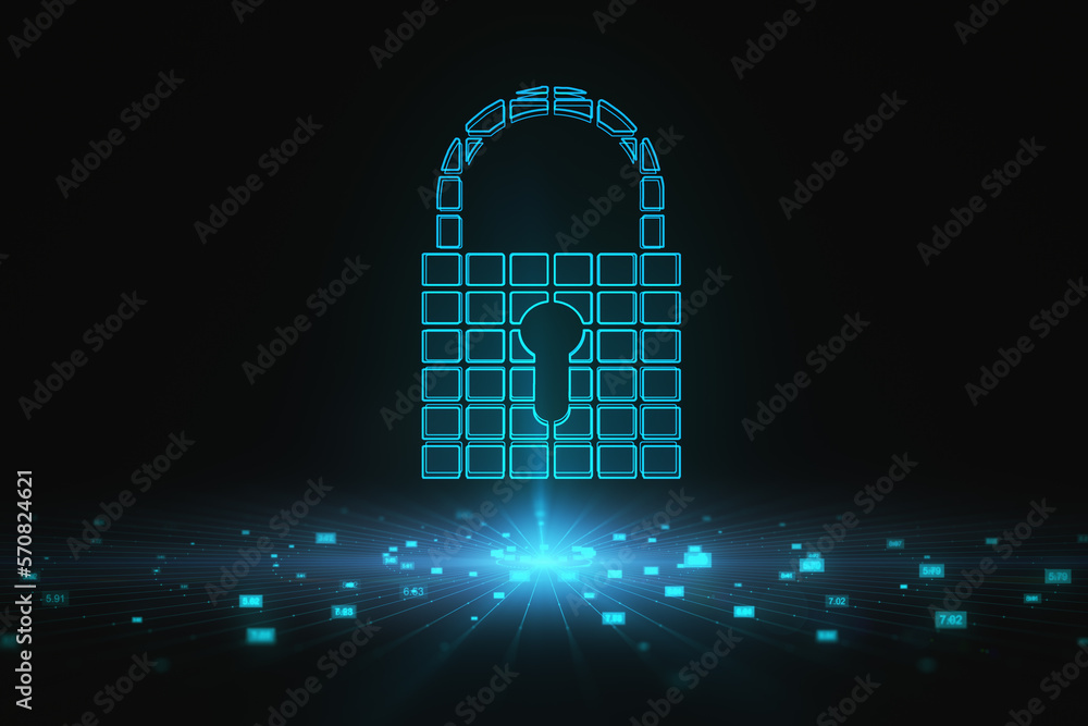 Poster Big data and personal information security technology concept with digital closed padlock with keyhole on abstract dark background above big data visualization. 3D rendering