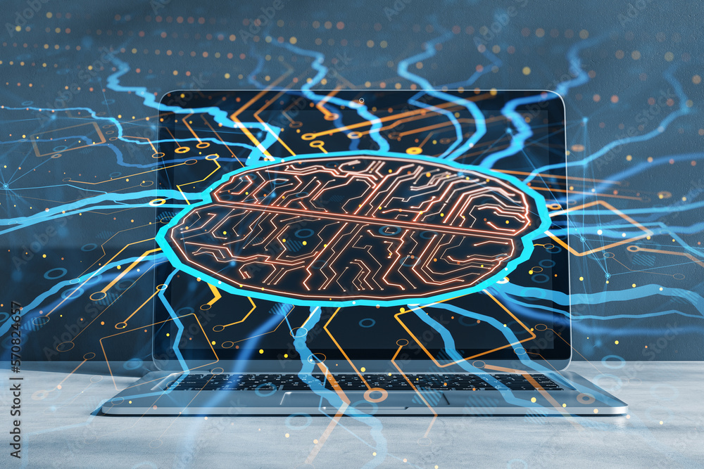 Poster Close up of laptop on desktop with creative circuit brain hologram on blurry background. AI, artificial intelligence, machine learning and neurology concept. Double exposure.