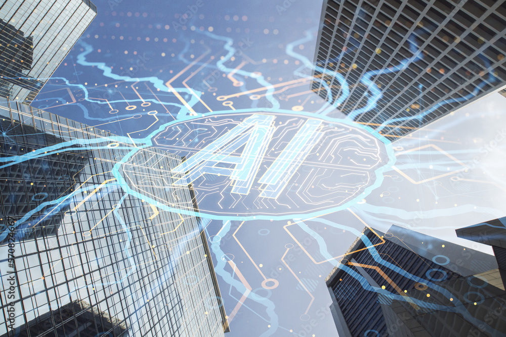 Poster creative circuit brain hologram on blurry city background. ai, artificial intelligence, machine lear
