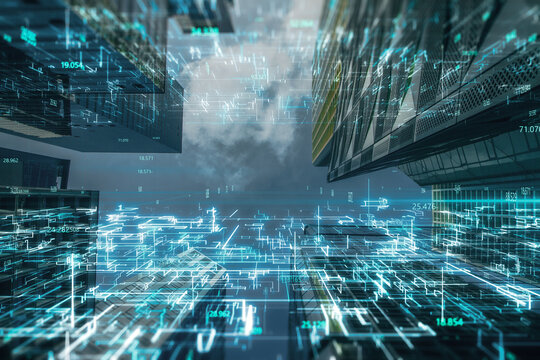 Creative glowing metaverse city background with coding. Technology, future and digital world concept. Double exposure.