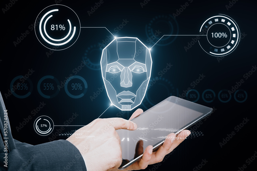 Aufkleber AI system in hologram human head with HUD display elements. Artificial Intelligence for VR with tech shapes HUD. Biometric technology, face recognition systems. Male hand pointing at cellphone.