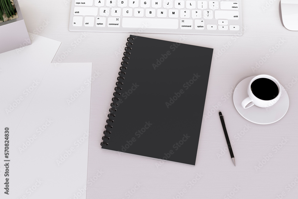 Poster Top view of light desktop with empty black notepad, pen and coffee cup. Workspace concept. 3D Rendering.